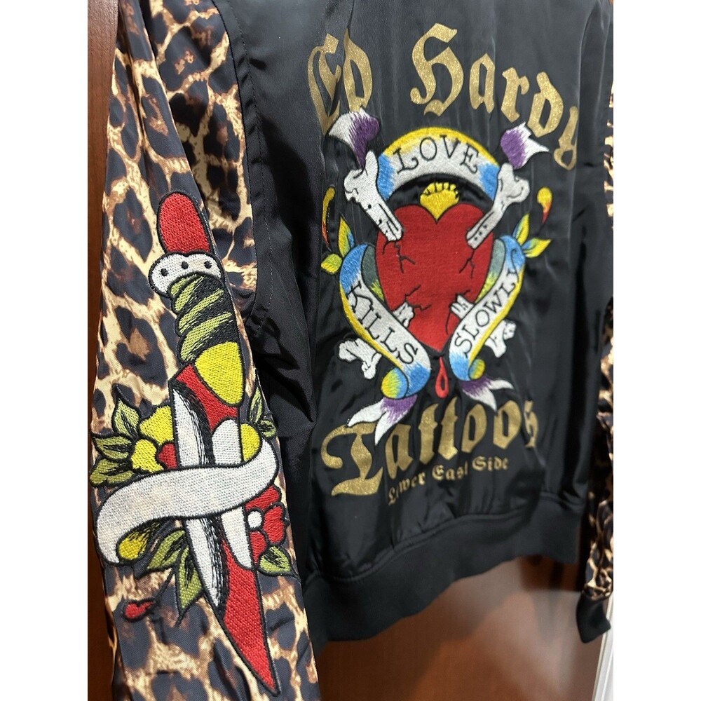 NWT Ed Hardy Y2K Bomber Jacket Tiger Dagger Souvenir Leopard Sleeves Size S New - Picture 9 of 16